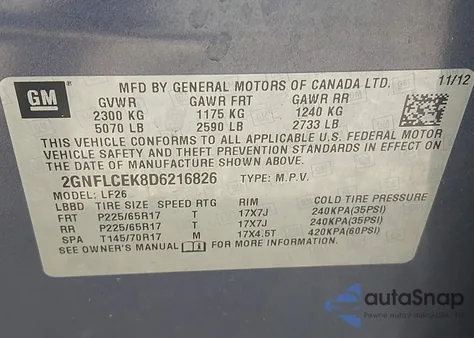 2013 Chevrolet Equinox Ls из США, поврежденный, VIN 2GNFLCEK8D6216826